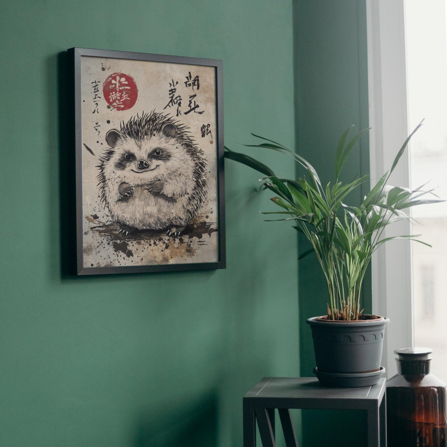 kawaii hedgehog print, Japanese art for home, animal prints for wall, hedgehog poster A2, Ukiyo-e inspired illustration