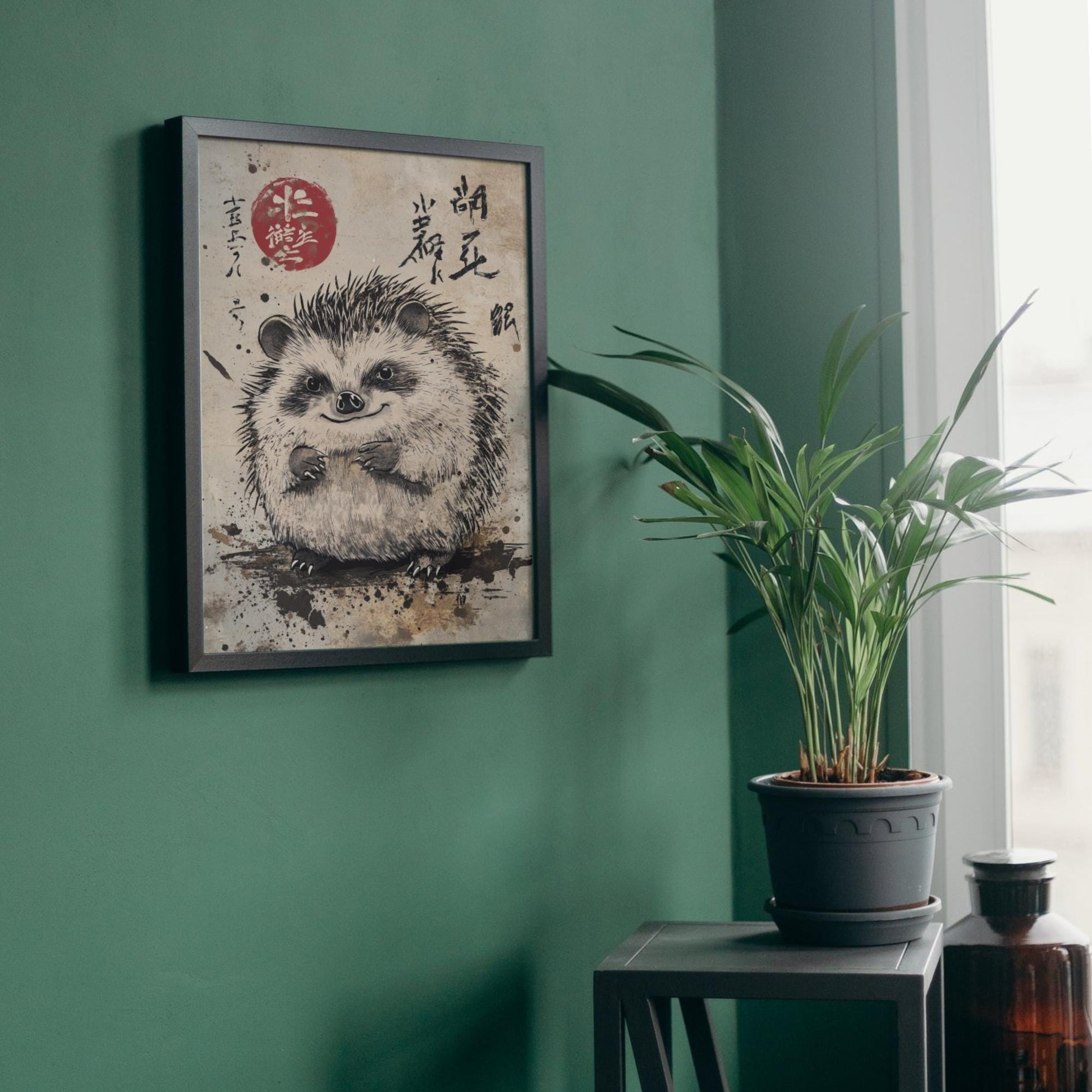 kawaii hedgehog print, Japanese art for home, animal prints for wall, hedgehog poster A2, Ukiyo-e inspired illustration