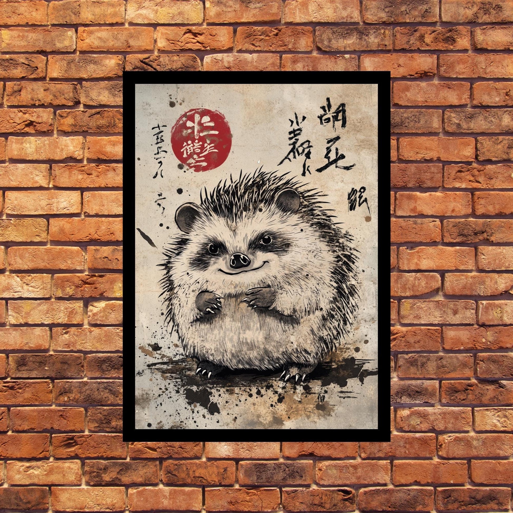 Ukiyo-e hedgehog art, Japanese animal print, cute hedgehog illustration, wall art for animal lovers, traditional Japanese decor