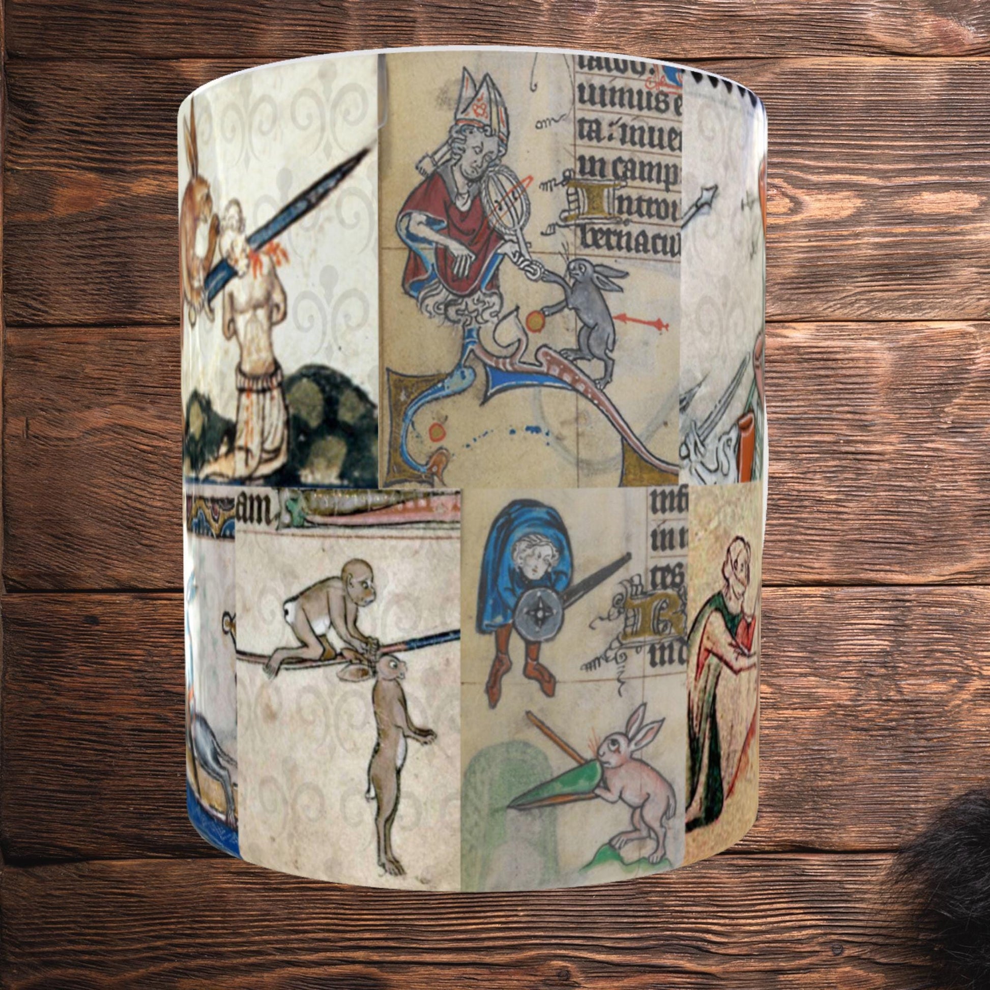 Mug featuring medieval manuscript rabbits, an 11oz ceramic design with a wrap-around print inspired by quirky and mischievous medieval art