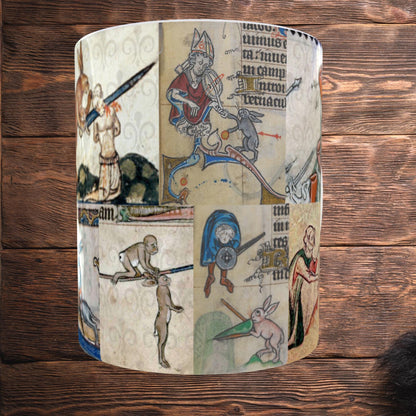 Mug featuring medieval manuscript rabbits, an 11oz ceramic design with a wrap-around print inspired by quirky and mischievous medieval art