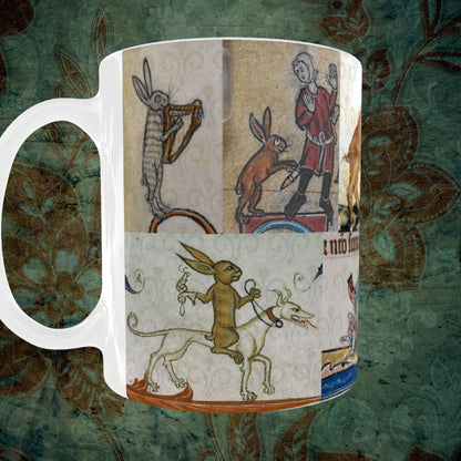 Unique 11oz medieval rabbit mug with a full wrap-around print, featuring quirky and humorous illustrations from the margins of ancient manuscripts