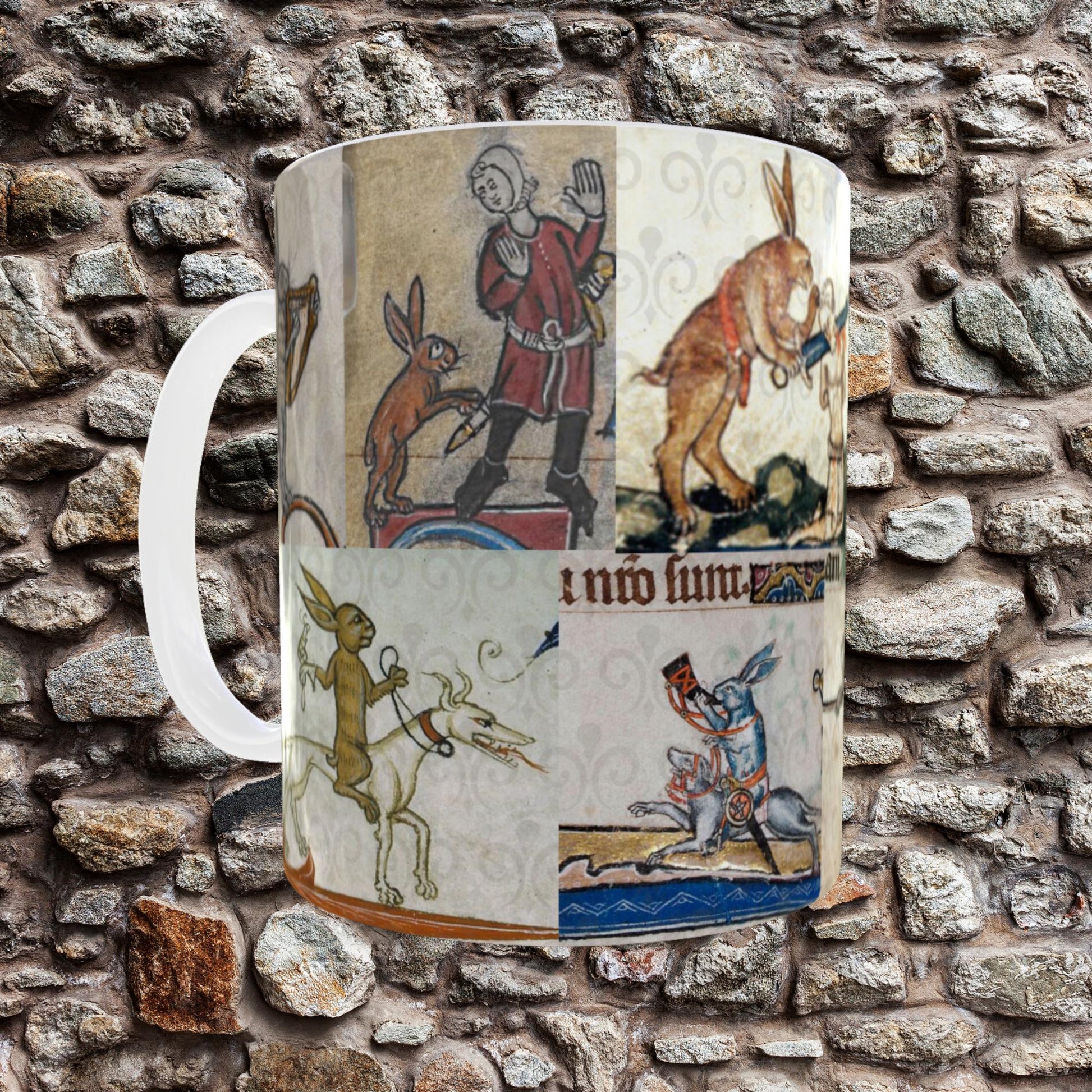 11oz mug with a unique wrap-around medieval rabbit design, capturing the whimsical and mischievous characters from medieval marginalia