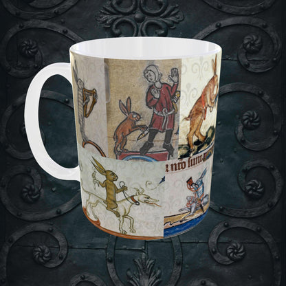 Playful medieval rabbits illustrated on an 11oz wrap-around ceramic mug, manuscript art from medieval times