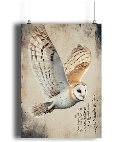 Japanese nature illustration, barn owl wall decor, Ukiyo-e animal prints, wildlife-inspired decor, owl art poster