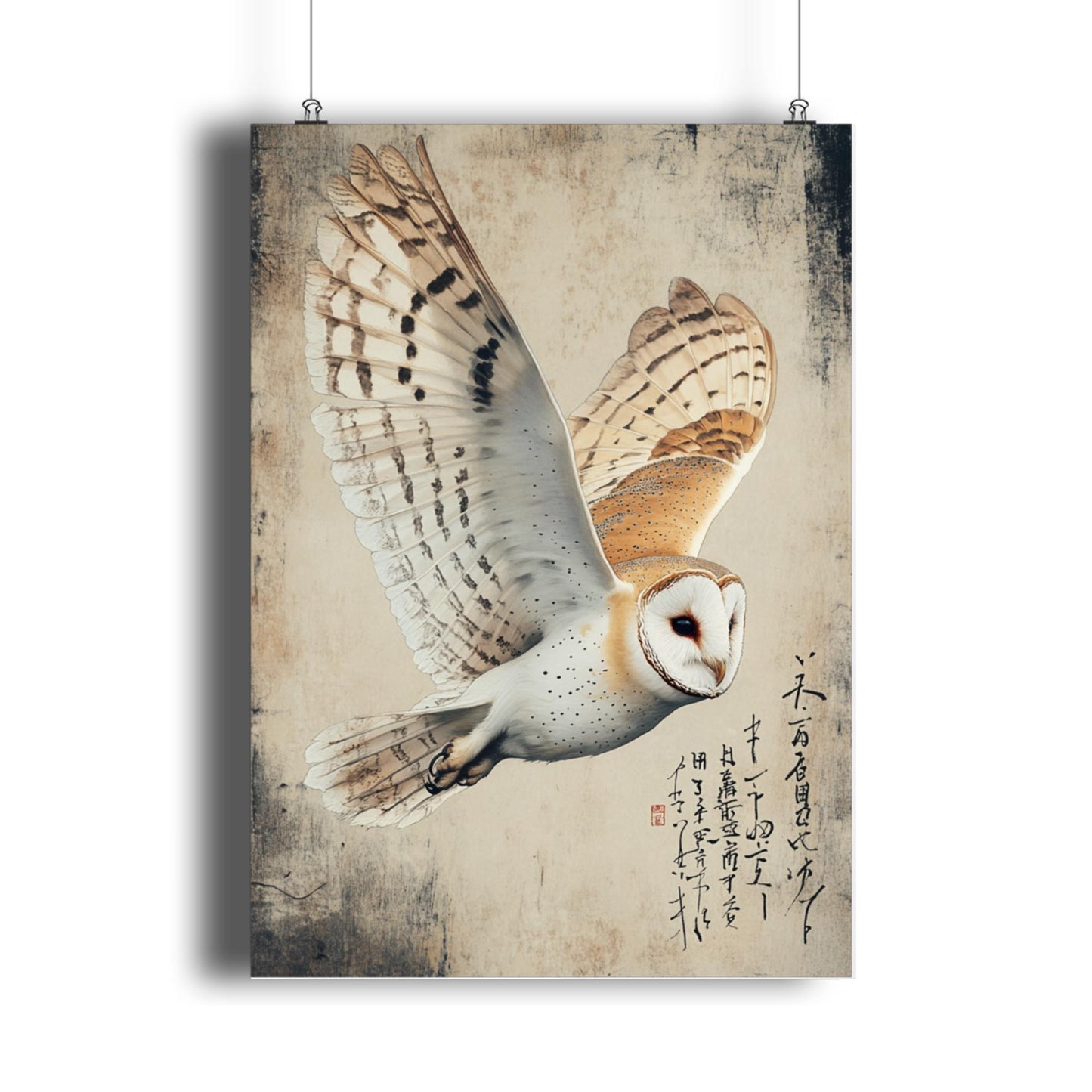 Wildlife art print, Japanese calligraphy art, elegant home decor, barn owl wall decor, bird artwork for home, British birds