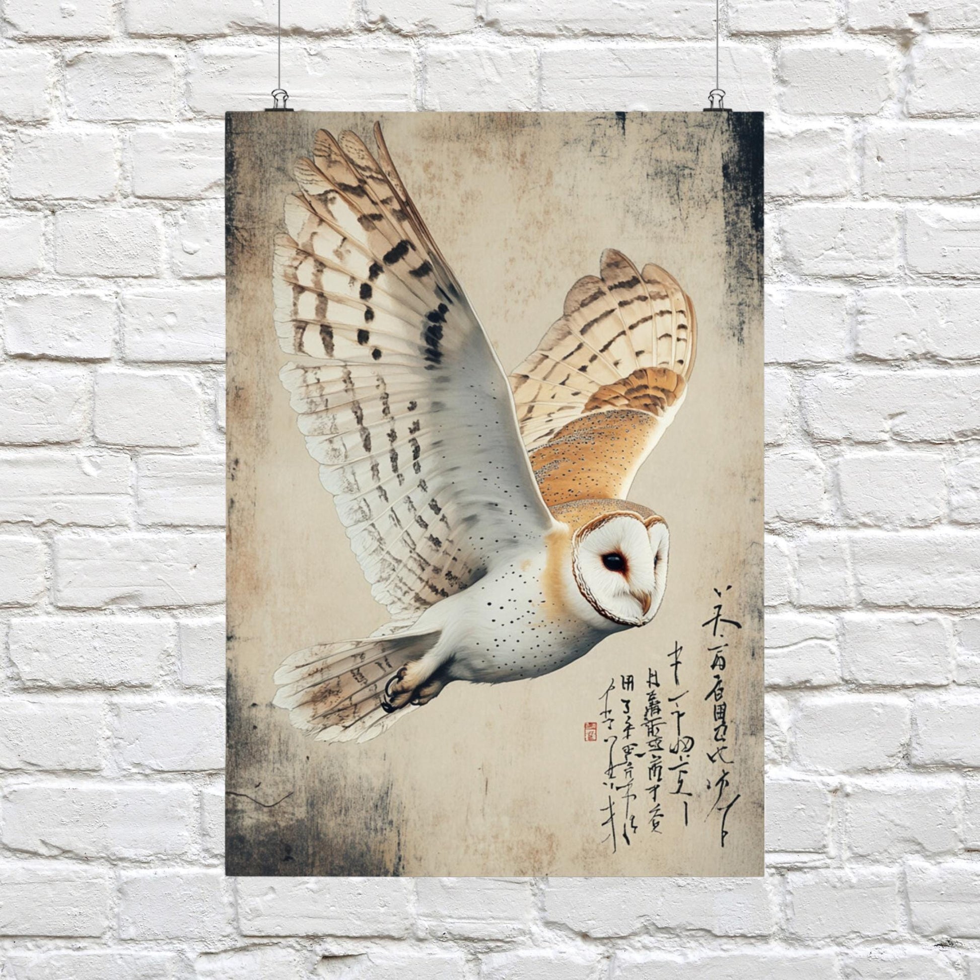 Bird art prints for home, barn owl art piece, wildlife-themed decor, traditional Japanese artwork, owl in flight wall art