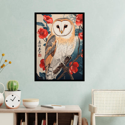 Owl and blossom print, traditional Japanese art, barn owl poster, bird and flowers decor, Japanese nature art, Chinese quince blossom.