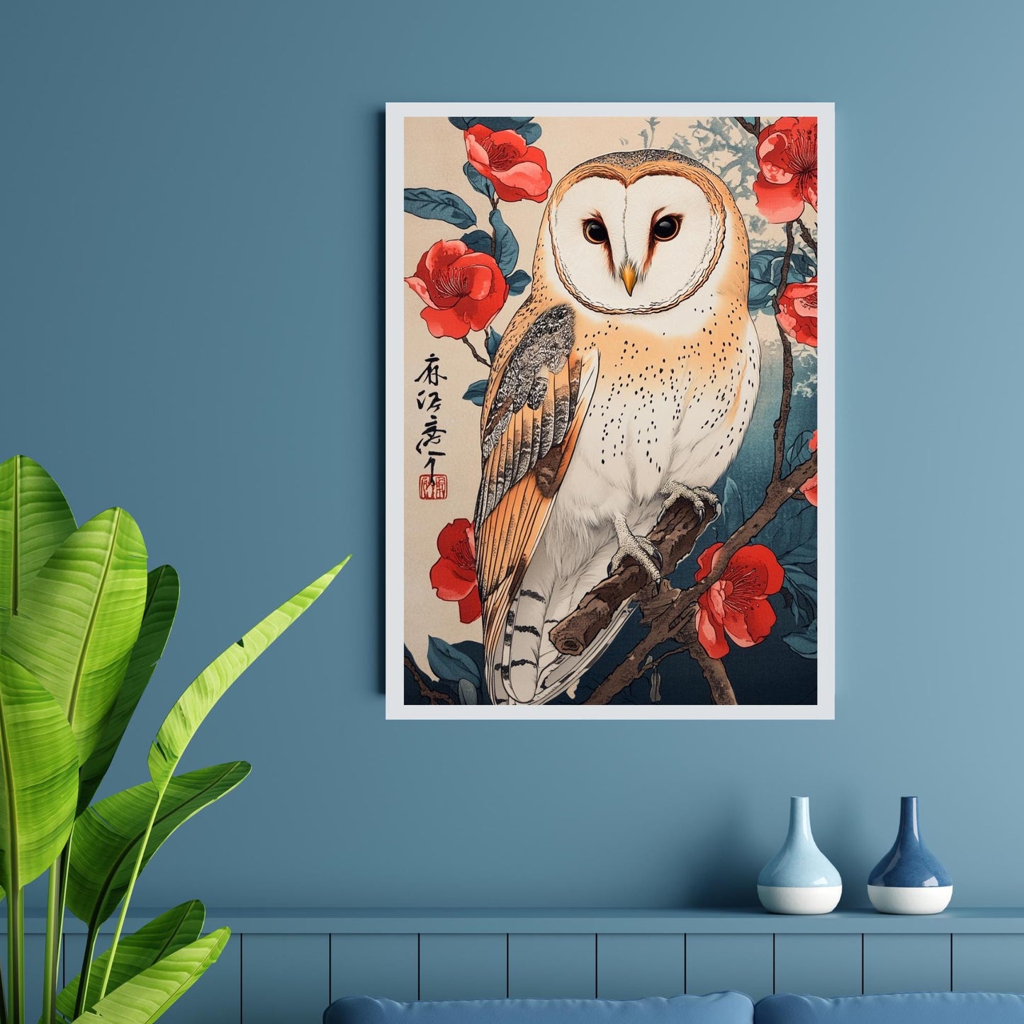 Ukiyo-e style barn owl, floral and bird art, barn owl with flowers, Japanese wildlife prints, nature lover home decor.