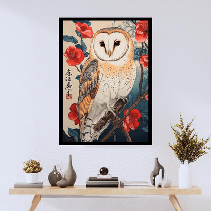 Barn owl in blossoms, Japanese style wall art, owl lover gifts, nature-inspired art prints, wildlife-themed decor, owl birthday gift