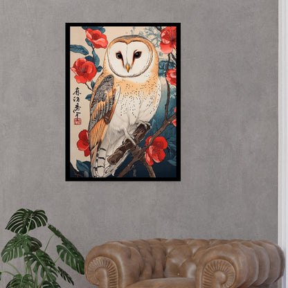 Wildlife-inspired home decor, barn owl wall art, Ukiyo-e nature prints, floral art print, Japanese bird artwork, Japanese Quince Blossom.