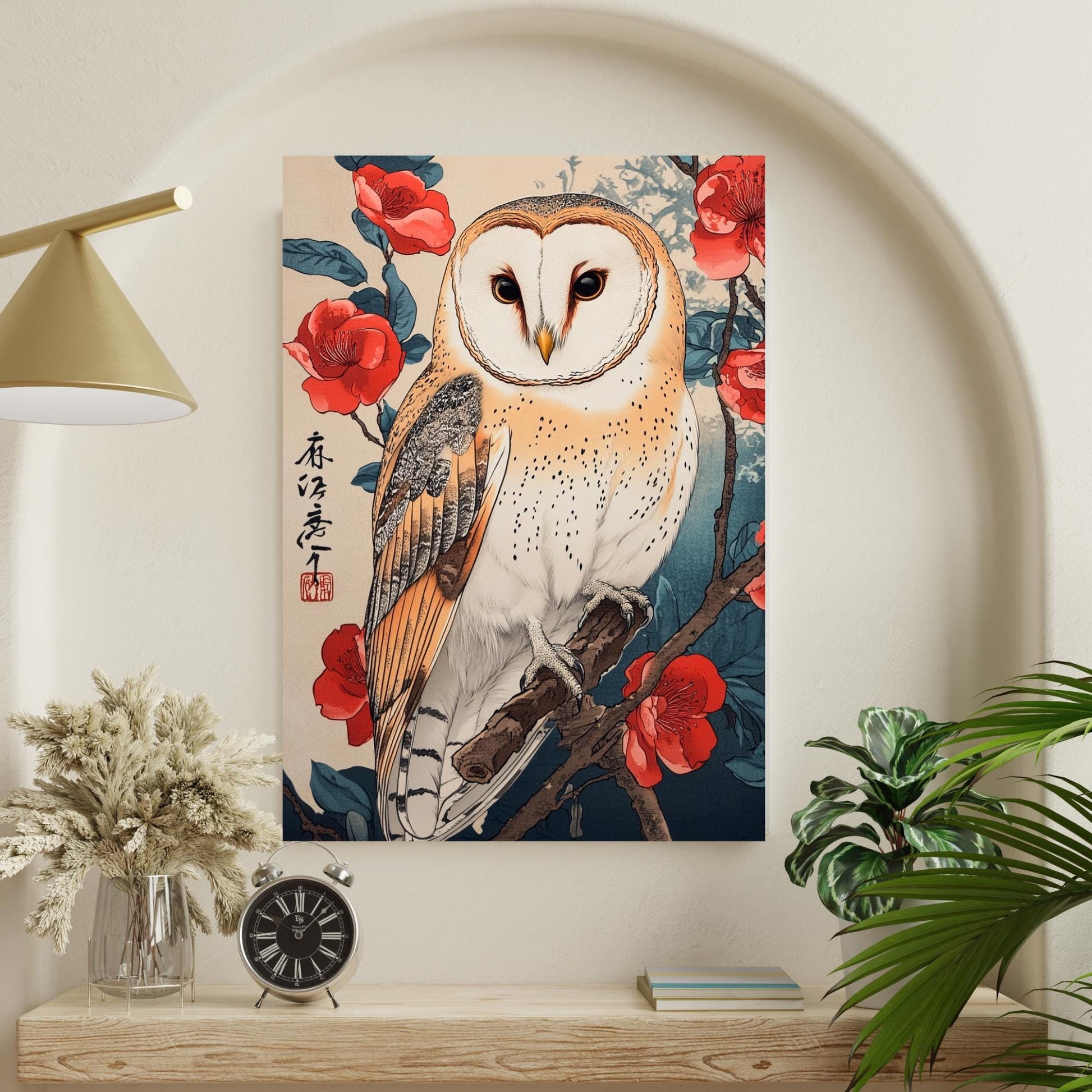 Japanese calligraphy art, wildlife and floral print, barn owl poster, owl wall art, Japanese blossom print