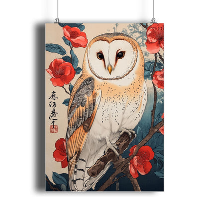 Birdwatcher gift, Bird art prints for home, barn owl and blossoms poster, Japanese nature-inspired art, wildlife and flower decor, barn owl artwork