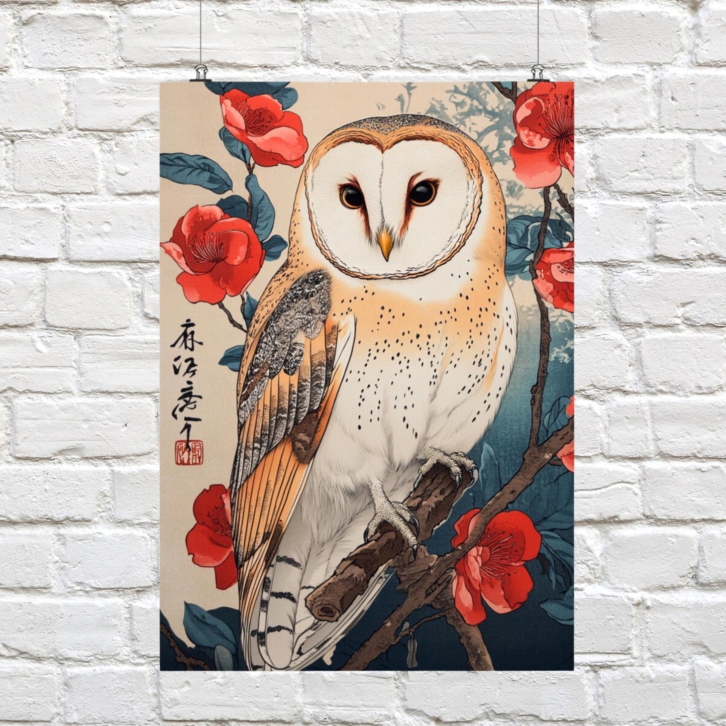 Japanese woodblock print, animal and floral art, barn owl with flowers, traditional bird and flowers print, wildlife wall prints.