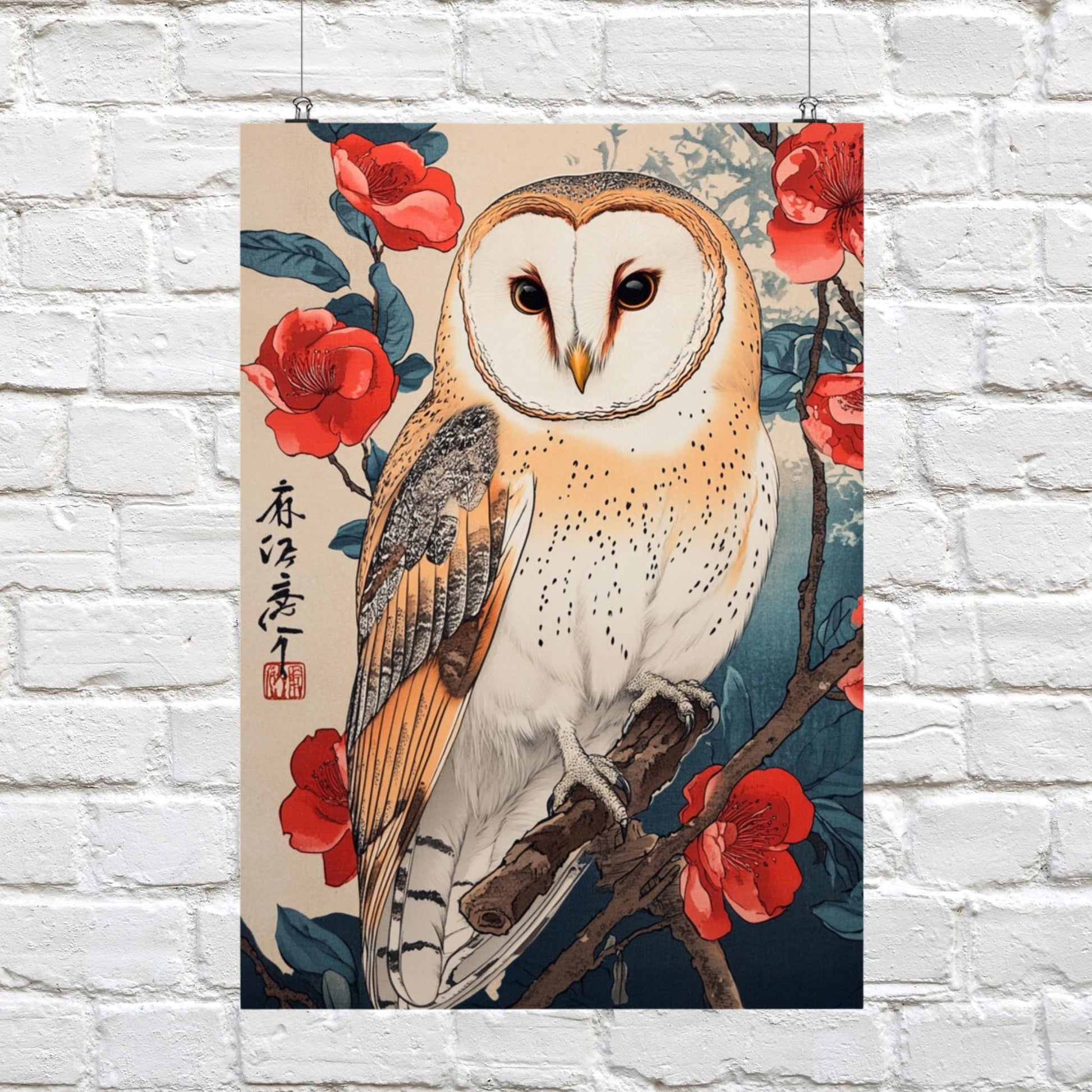 Japanese woodblock print, animal and floral art, barn owl with flowers, traditional bird and flowers print, wildlife wall prints.