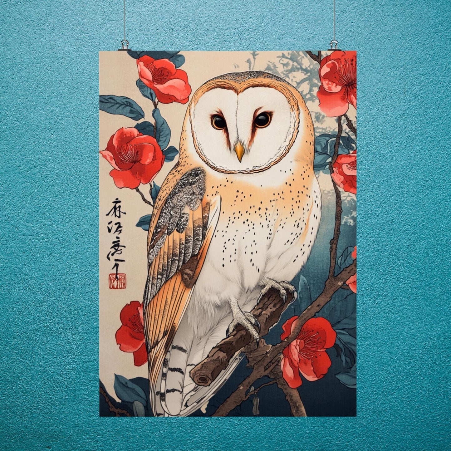 Barn owl art for home, Ukiyo-e bird illustration, wildlife and nature decor, Japanese floral illustration, owl and flowers artwork, owl Christmas gift