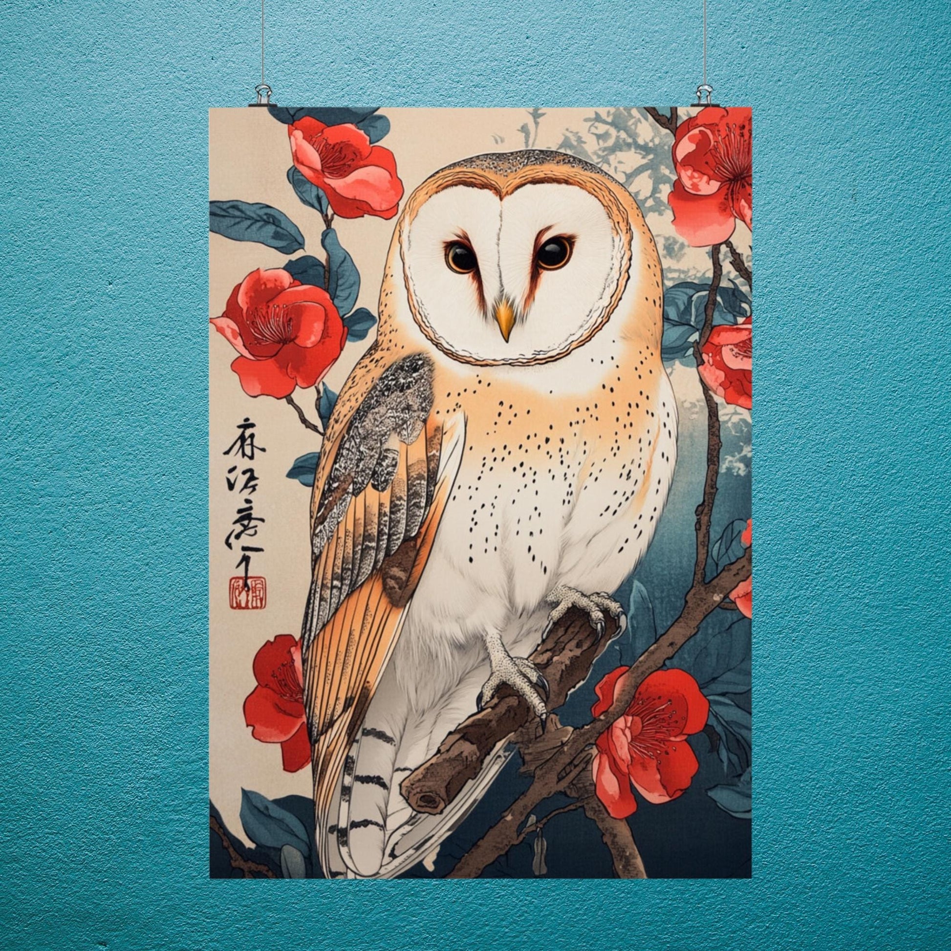 Barn owl art for home, Ukiyo-e bird illustration, wildlife and nature decor, Japanese floral illustration, owl and flowers artwork, owl Christmas gift