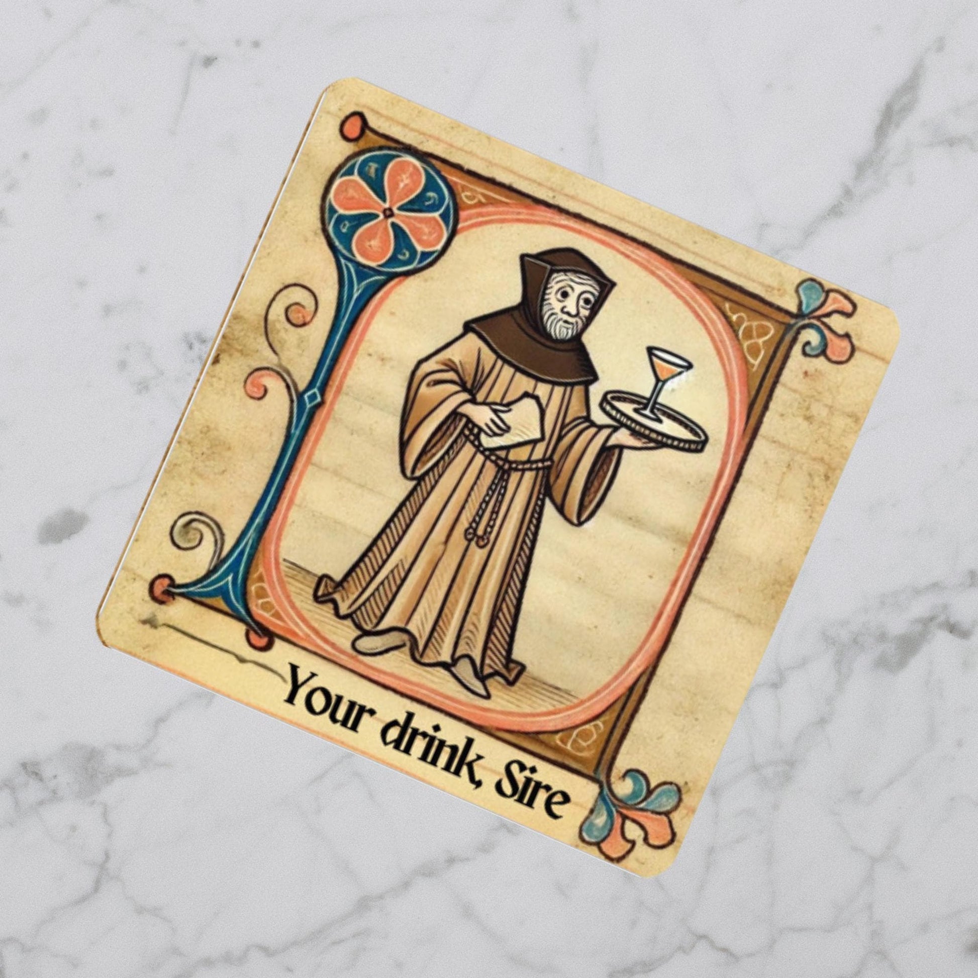 Set of four coasters with a quirky medieval monk illustration and &#39;Your drink Sire&#39; text