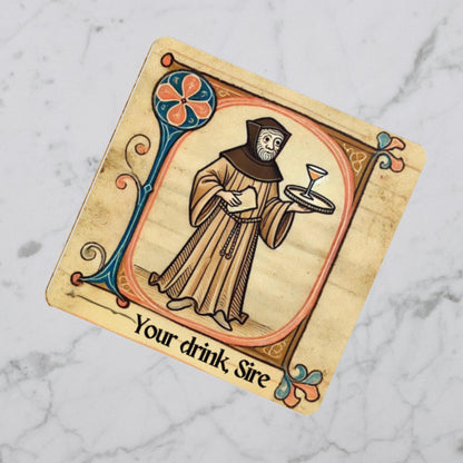 Set of four coasters with a quirky medieval monk illustration and &#39;Your drink Sire&#39; text