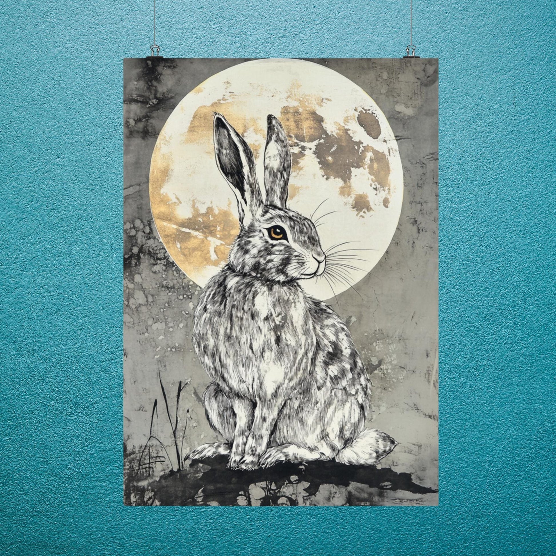 moon hare artwork, witchcraft themed art, pagan moon decor, mystical animal symbolism, occult home wall art