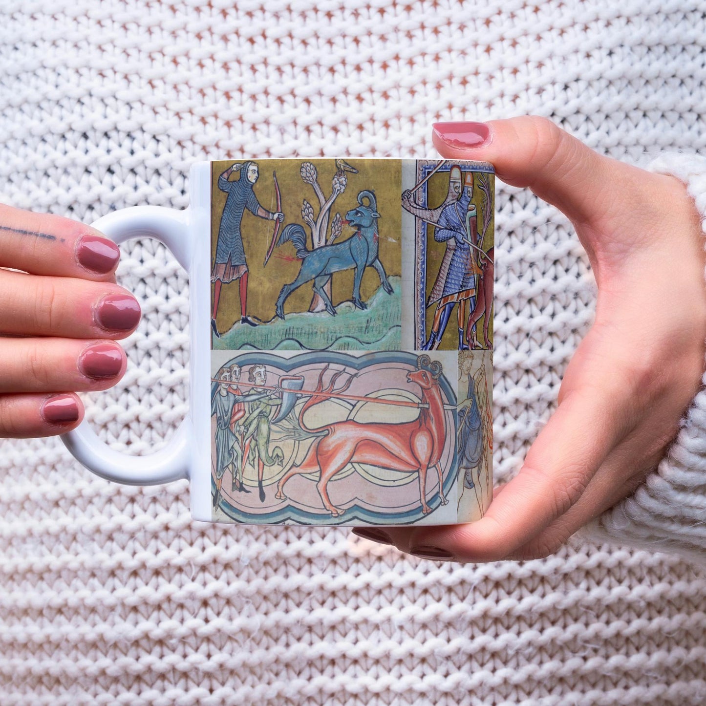 Borderless 11 oz mug with a medieval-themed wrap-around design of hunting beasts from historical manuscripts