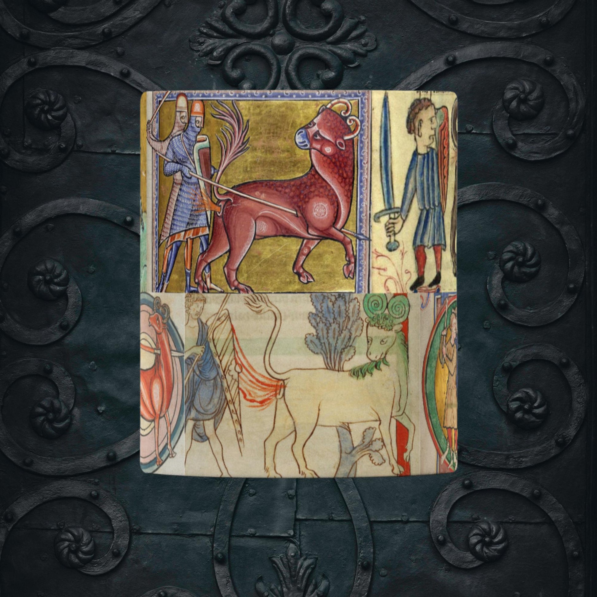11 oz ceramic mug with a borderless, wrap-around medieval beasts illustration inspired by illuminated manuscripts