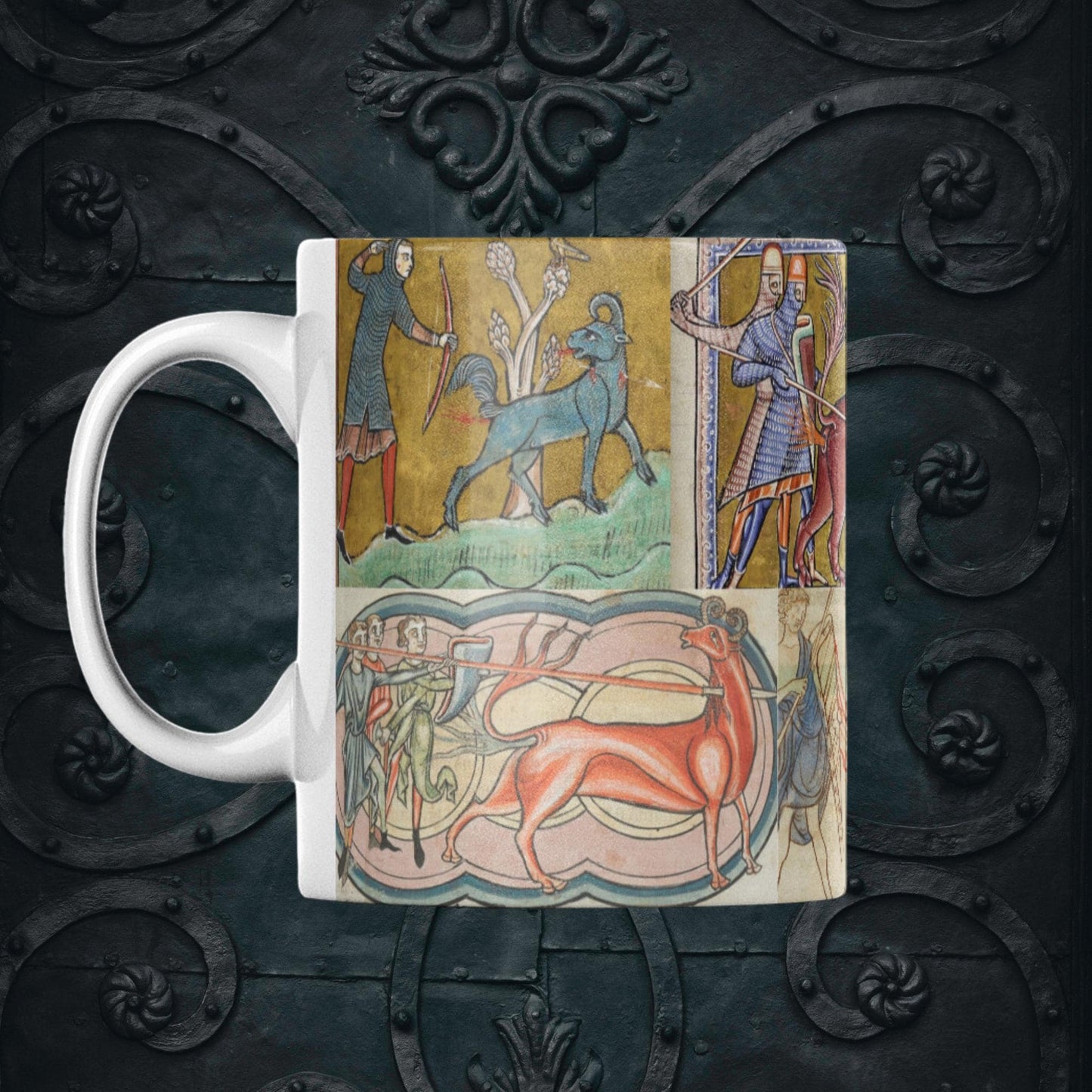 Historical 11 oz ceramic mug featuring medieval mythical creatures in a full wrap-around, borderless design