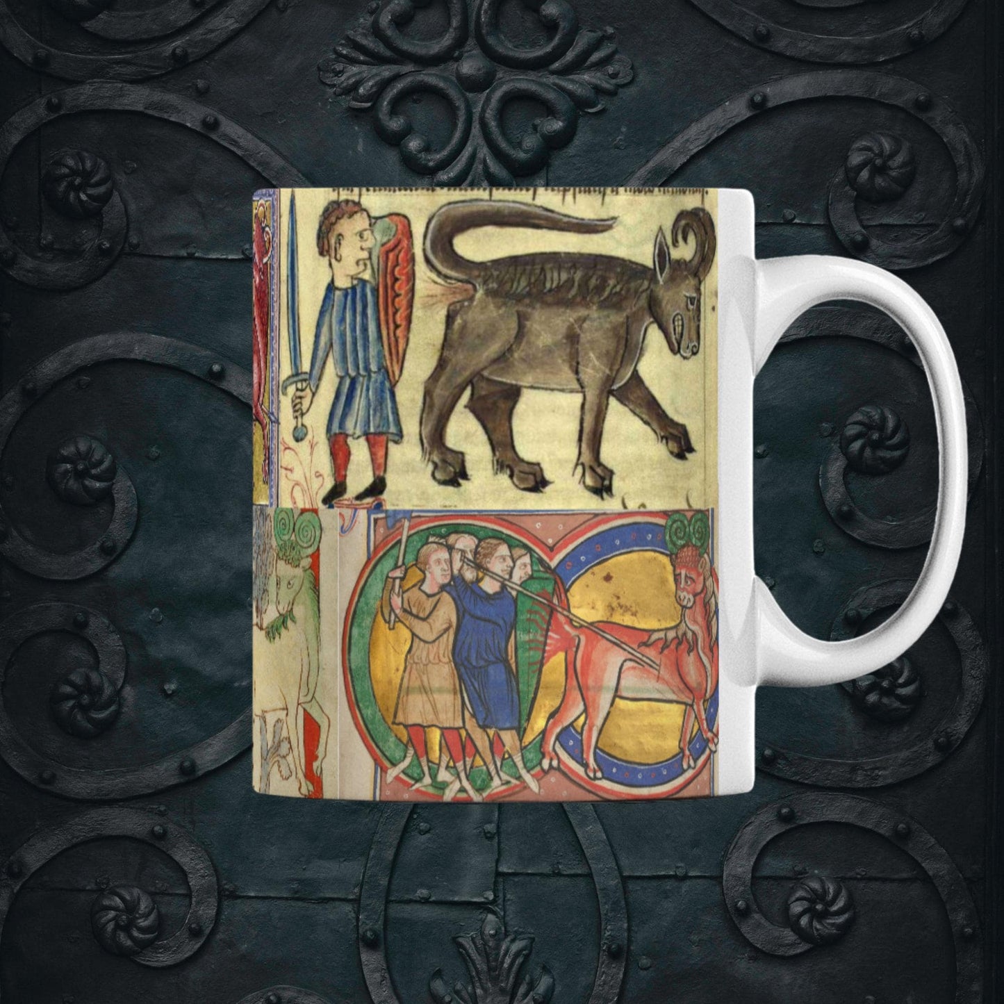Quirky 11 oz medieval hunting beasts mug with vibrant wrap-around illustration, borderless design