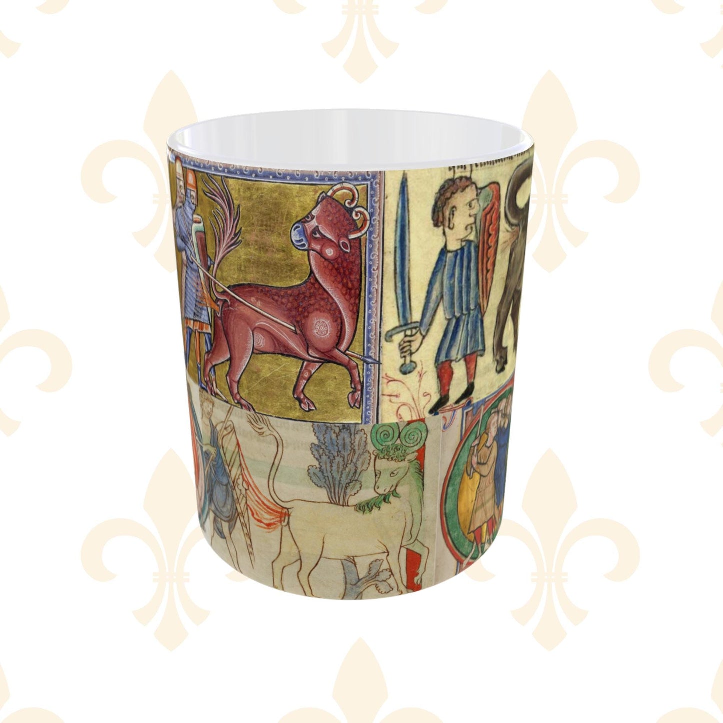 11 oz mug with a borderless wrap-around design of knights hunting beasts, inspired by medieval art