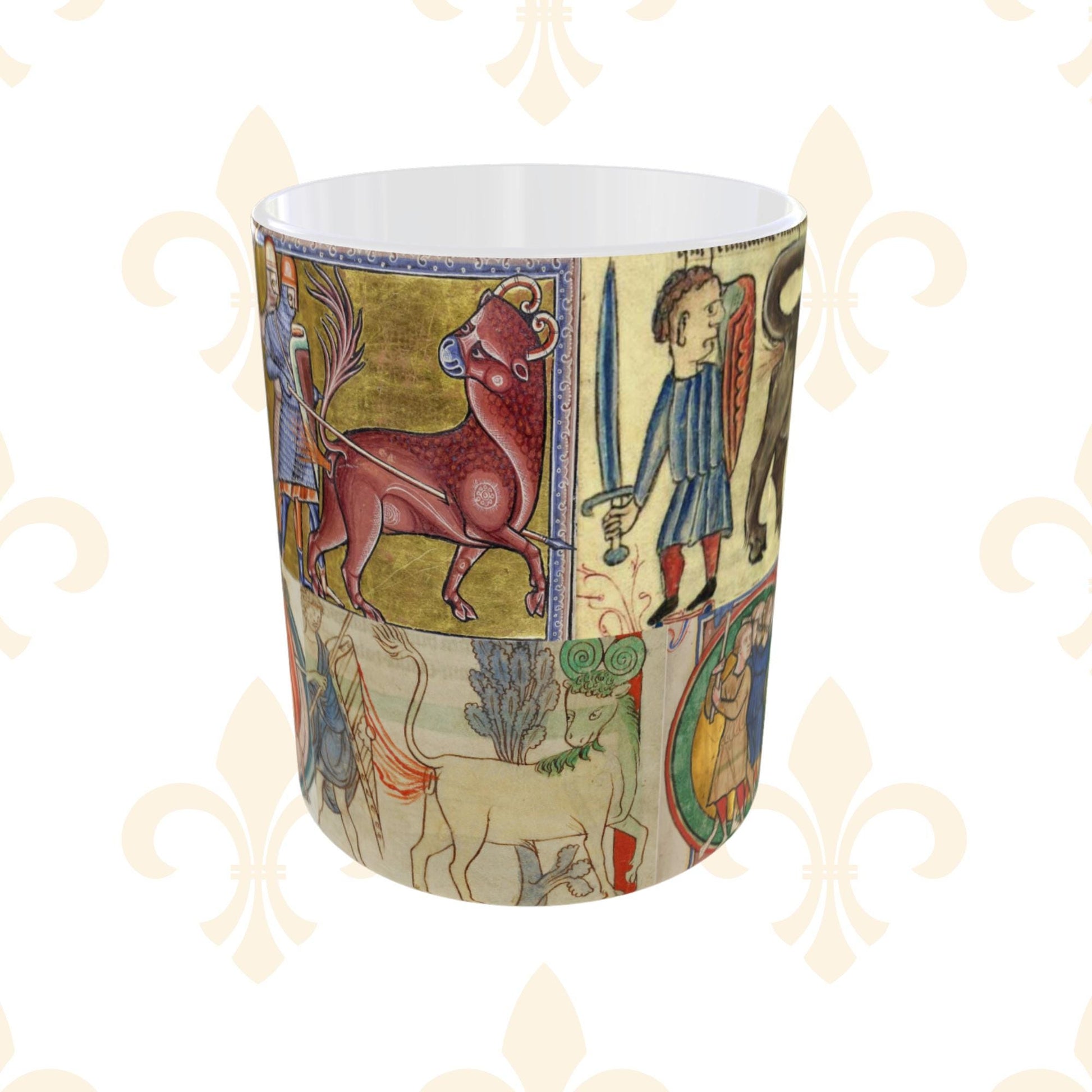11 oz mug with a borderless wrap-around design of knights hunting beasts, inspired by medieval art