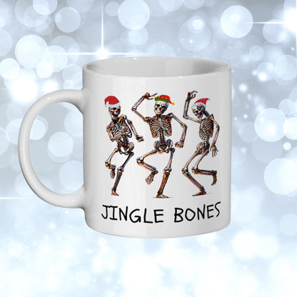 Funny Christmas Jingle Bones 11 oz mug with dancing skeletons in holiday attire