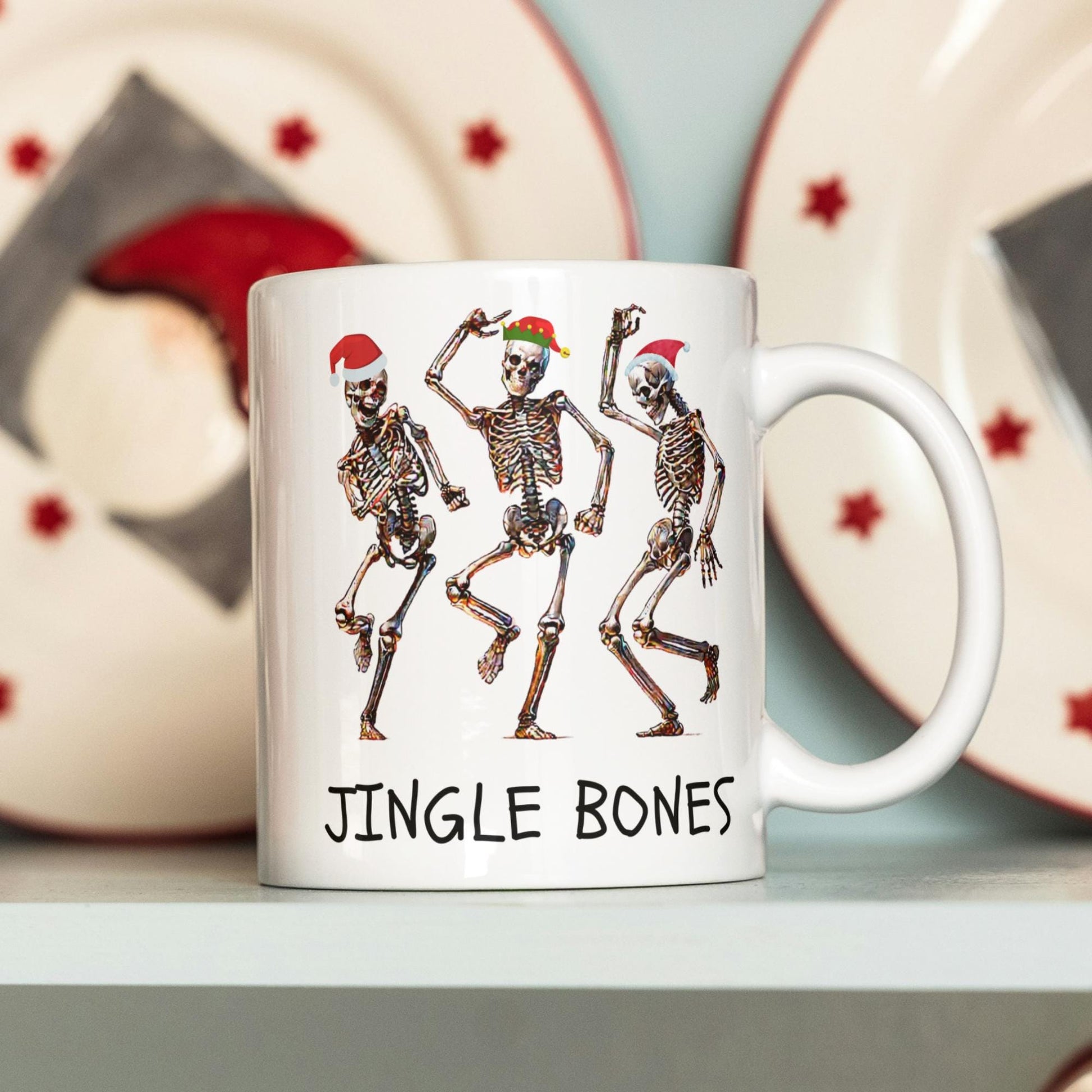 Funny Christmas skeletons dance on this Jingle Bones 11 oz ceramic coffee mug