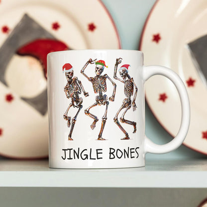 Funny Christmas skeletons dance on this Jingle Bones 11 oz ceramic coffee mug