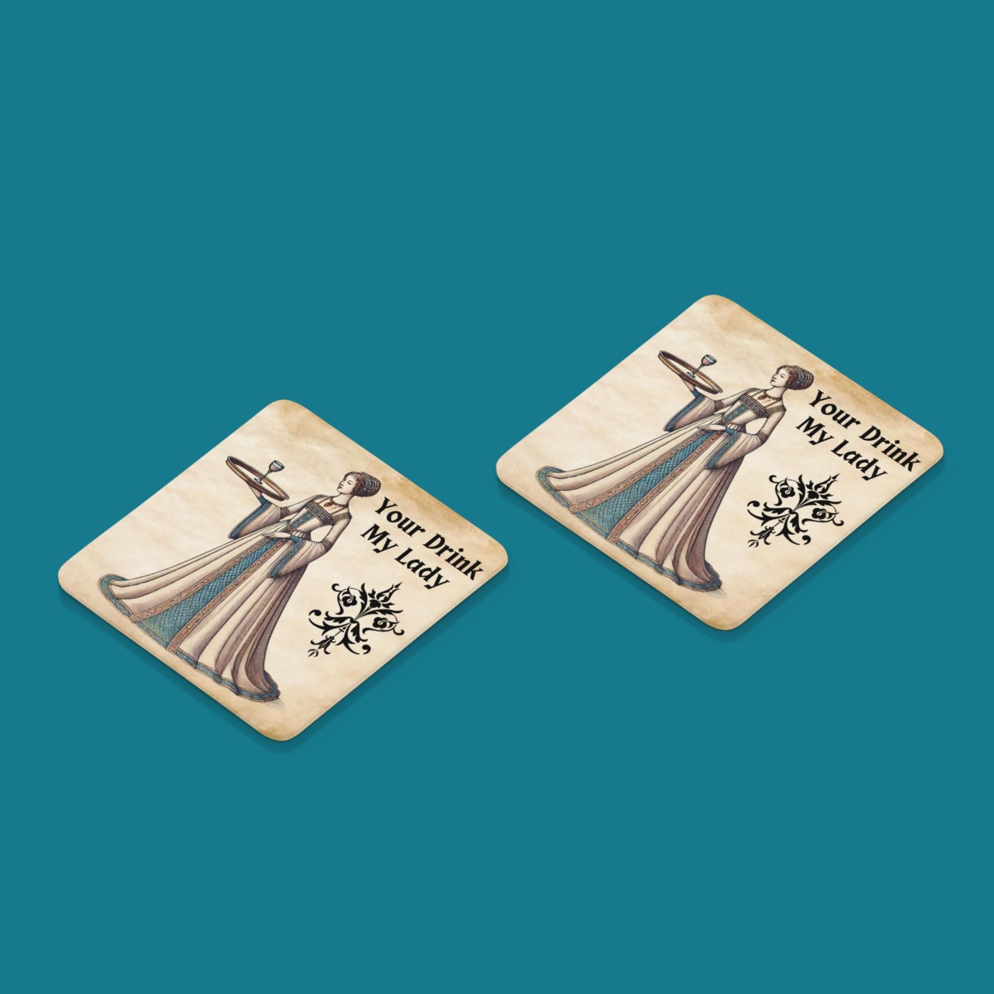 Set of 4 coasters displaying a medieval lady holding a tray with a drink, adding both protection and elegance to your home décor.