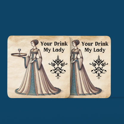 Medieval-style coaster set with a noblewoman illustration, featuring 4 coasters to protect surfaces and add a historical flair to your table