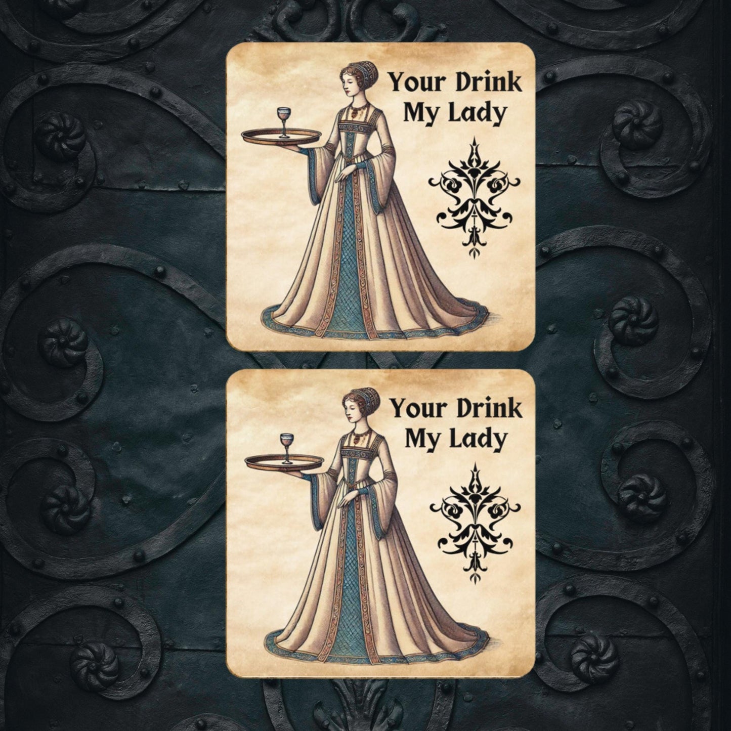 Four coasters with a regal medieval lady design, perfect for protecting your tables while adding a vintage, Renaissance-inspired touch