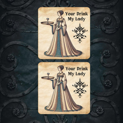 Four coasters with a regal medieval lady design, perfect for protecting your tables while adding a vintage, Renaissance-inspired touch