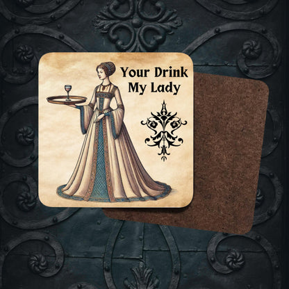 Set of 4 coasters featuring a medieval lady holding a drink on a tray, perfect for protecting surfaces with a historical theme