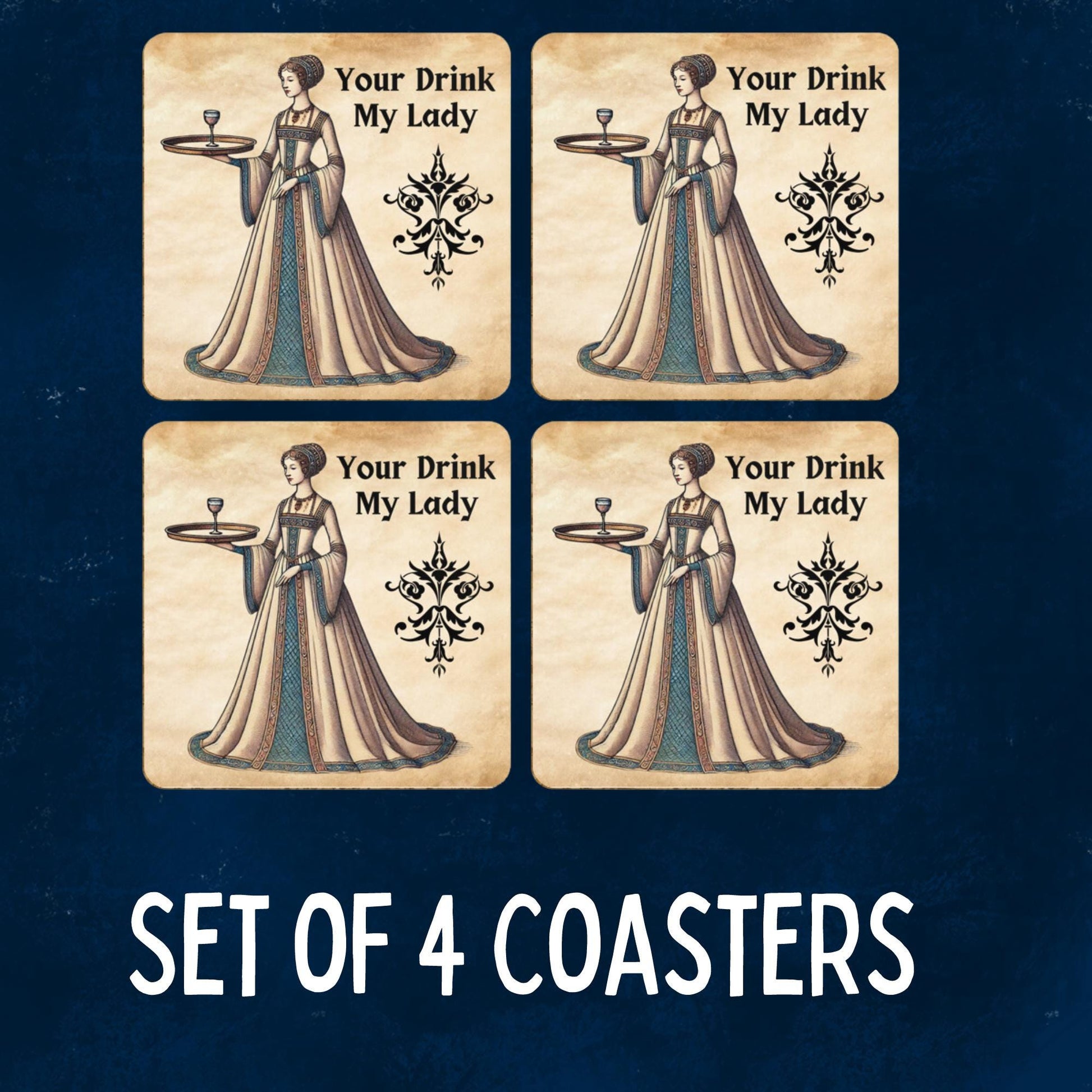 Set of coasters with a historical theme, each showing a medieval lady serving a drink, designed for surface protection and home decoration