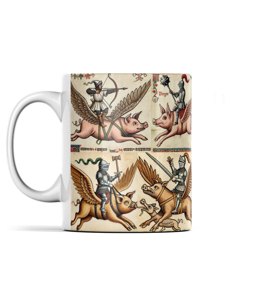 unique pig mug, medieval wrap-around mug, knight and pig theme, manuscript-inspired art, novelty gift for pig lovers