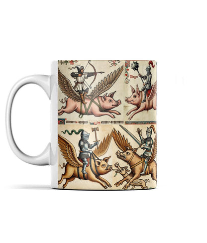unique pig mug, medieval wrap-around mug, knight and pig theme, manuscript-inspired art, novelty gift for pig lovers