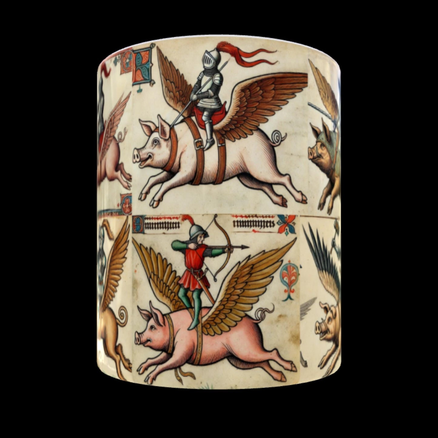 medieval manuscript mug, quirky gift for pig lovers, knight riding pig mug, humorous animal design, wrap-around mug design