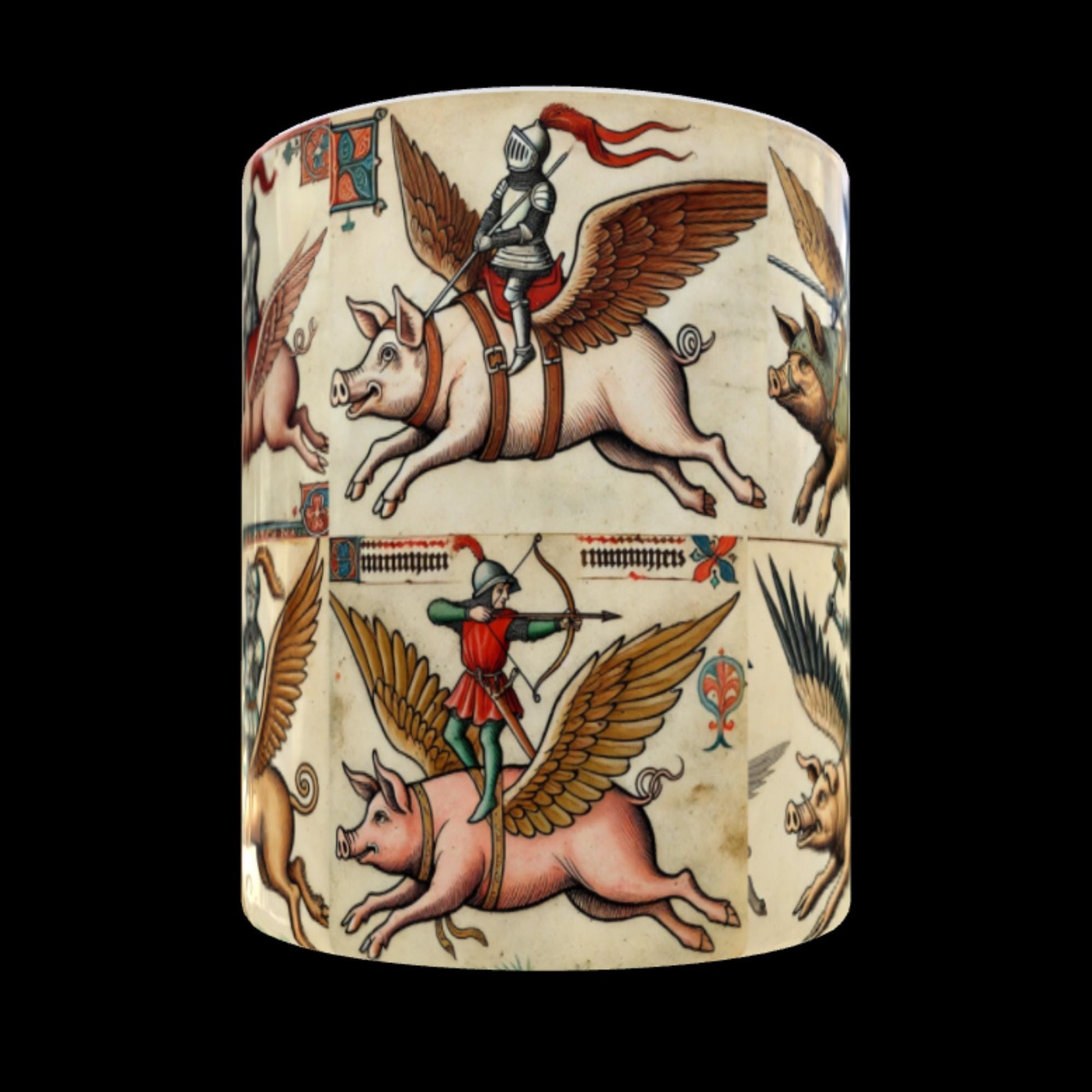 medieval manuscript mug, quirky gift for pig lovers, knight riding pig mug, humorous animal design, wrap-around mug design
