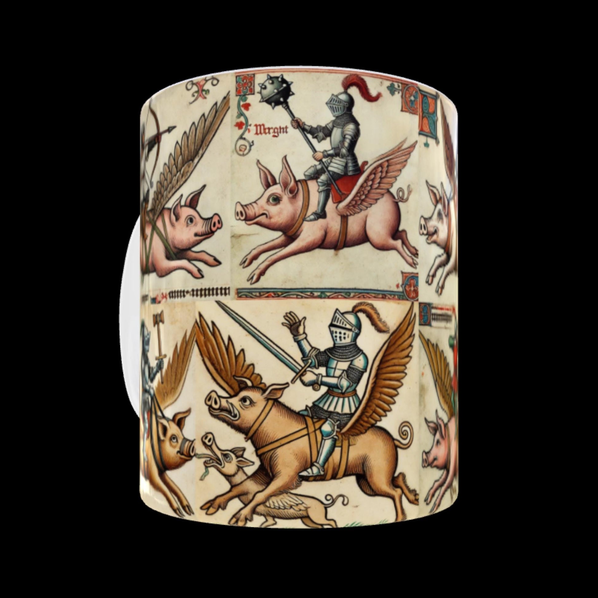 flying pig art, illuminated manuscript style, pig farmer present, medieval fantasy mug, pig-themed gift