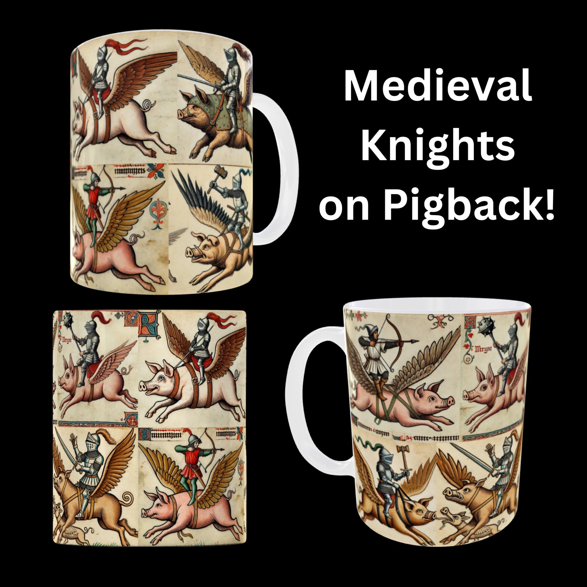 medieval knight mug, flying pigs mug, pig lover gift, pig farmer gift, whimsical medieval design
