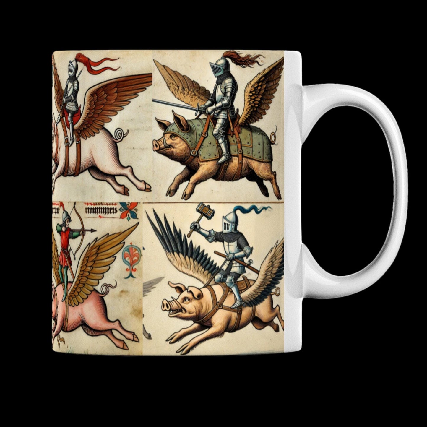 knights on horseback mug, archer mug, middle ages gift, history teacher mug, pigs can fly, flying pigs mug.