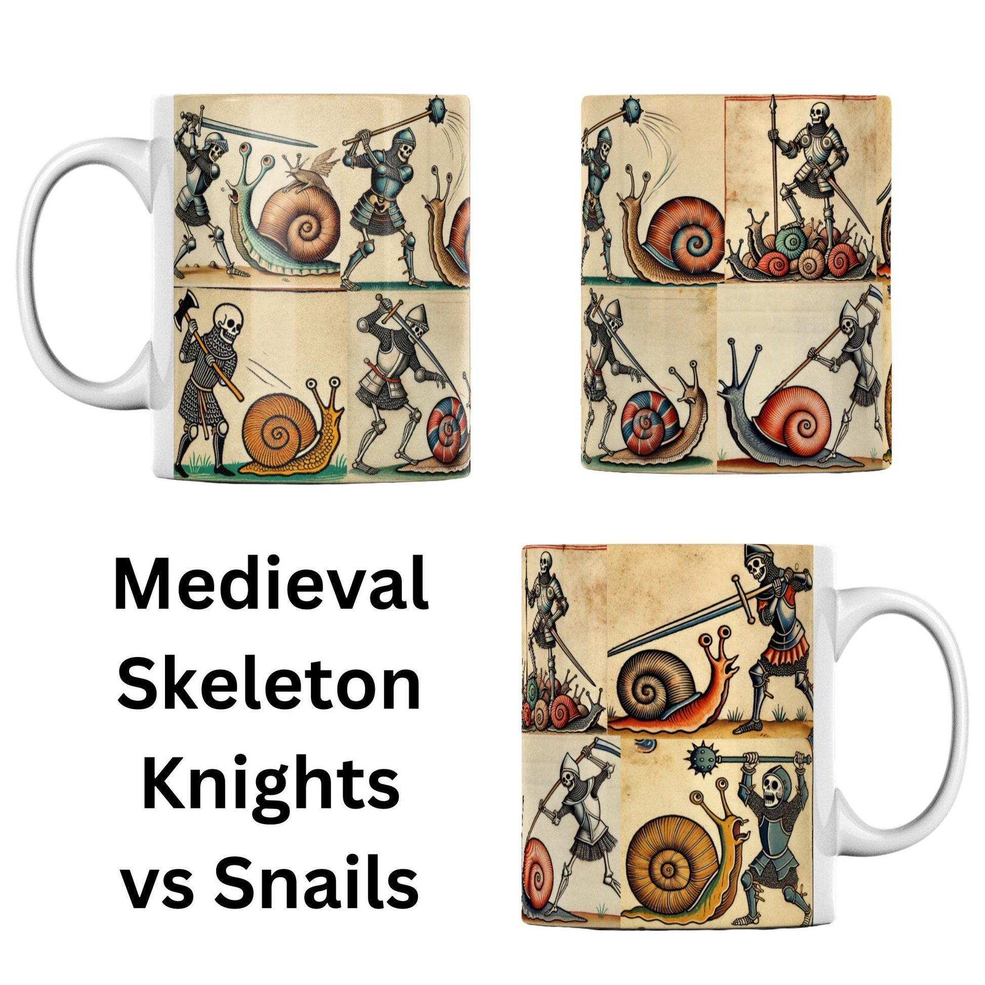 skeleton knight illustration, giant snail battle mug, medieval wrap-around design, humorous history gift, snail lover present