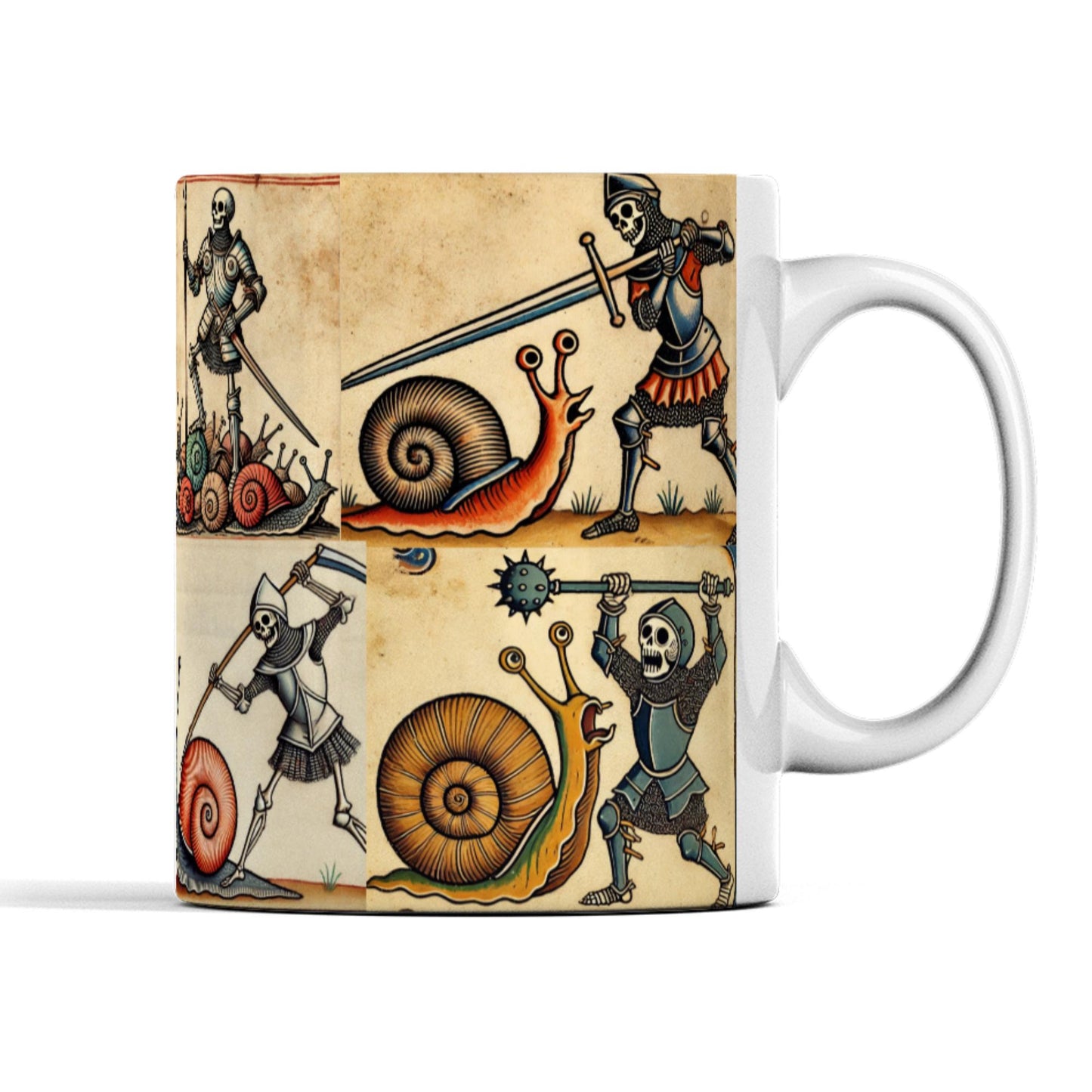 medieval manuscript mug, whimsical skeleton mug, snail battle illustration, skeleton warriors and snails, weird and funny mug