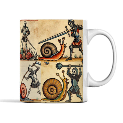 medieval manuscript mug, whimsical skeleton mug, snail battle illustration, skeleton warriors and snails, weird and funny mug