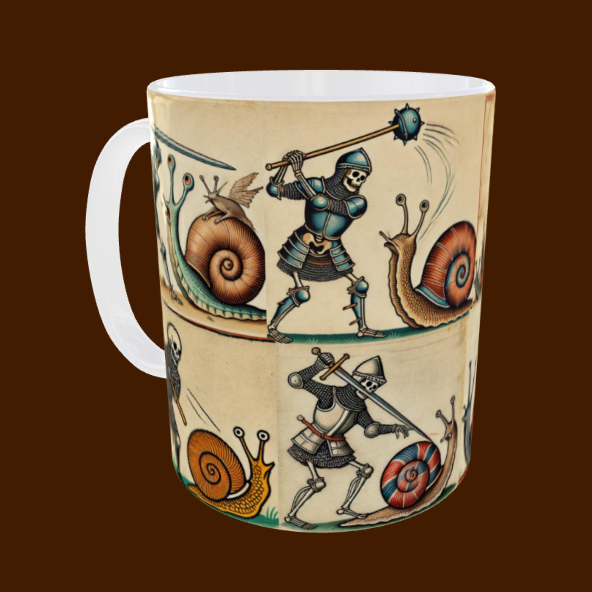 snail vs knight design, skeleton knight gift, quirky snail gift, medieval-themed mug, funny historical art